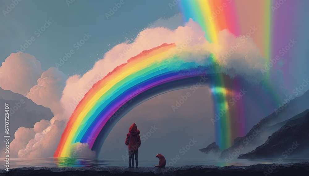  a person and a dog are standing under a rainbow in the sky with a rainbow in the sky above them and