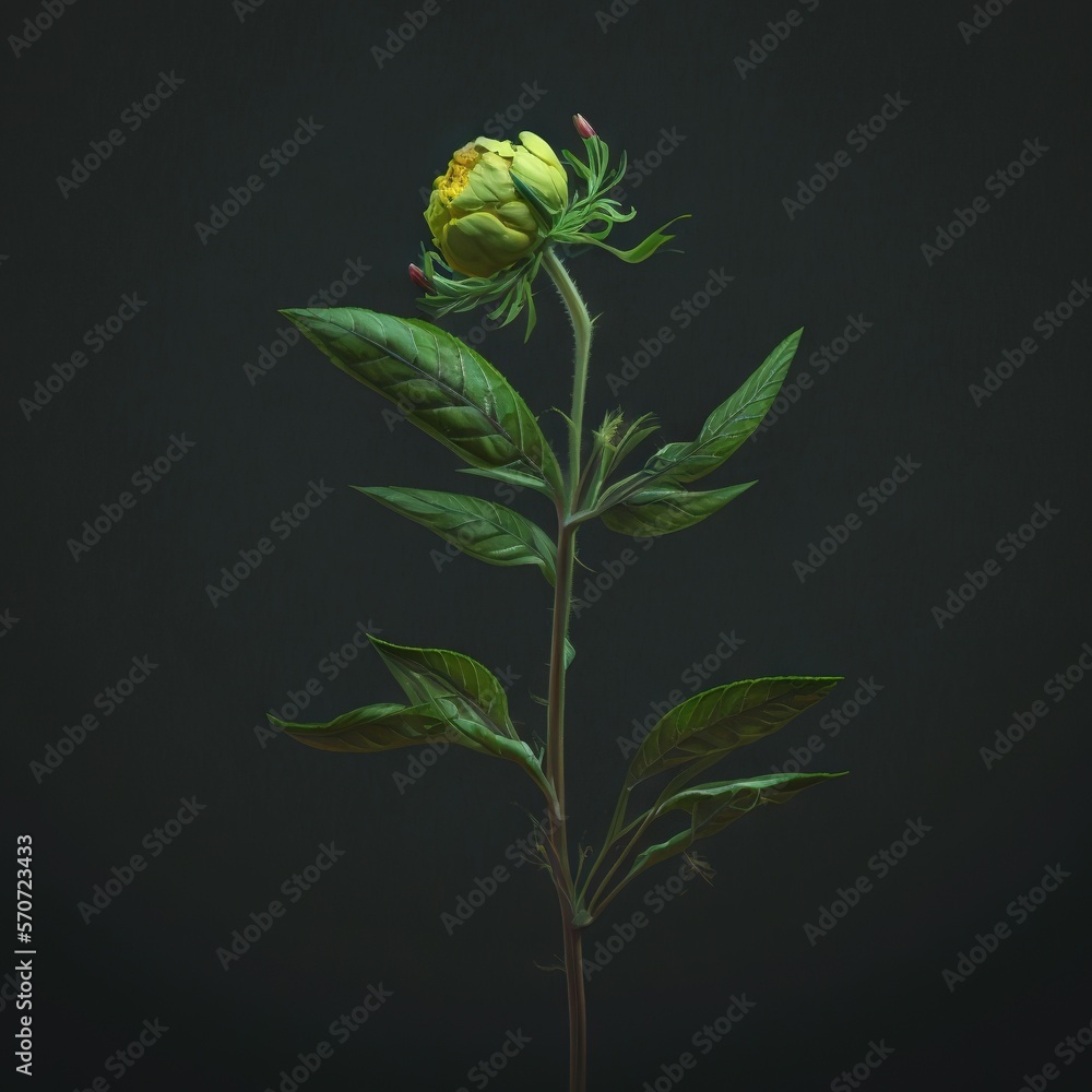  a yellow flower with green leaves on a black background with a black background behind it is a sing