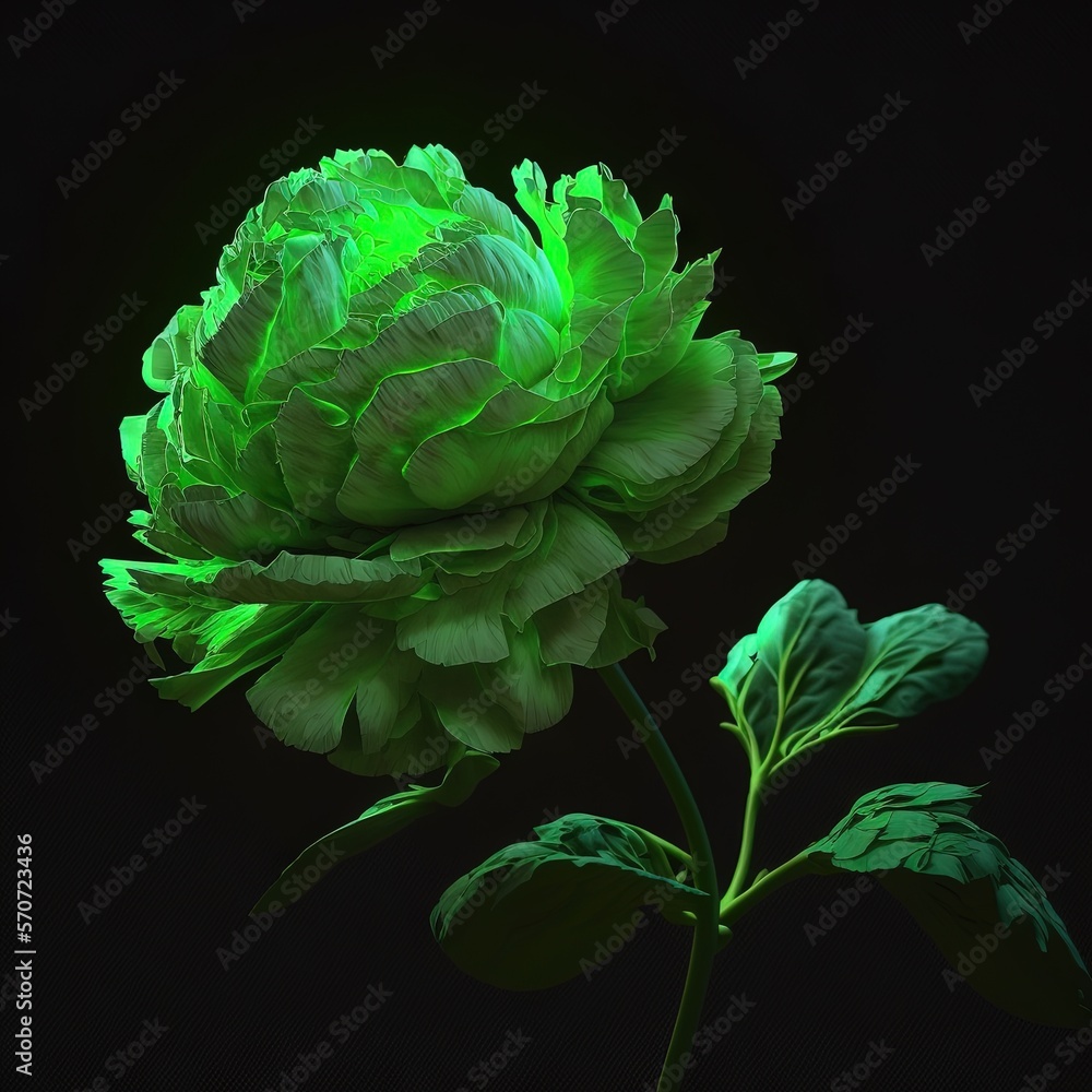  a large green flower with leaves on a black background with a green glow in the center of the flowe