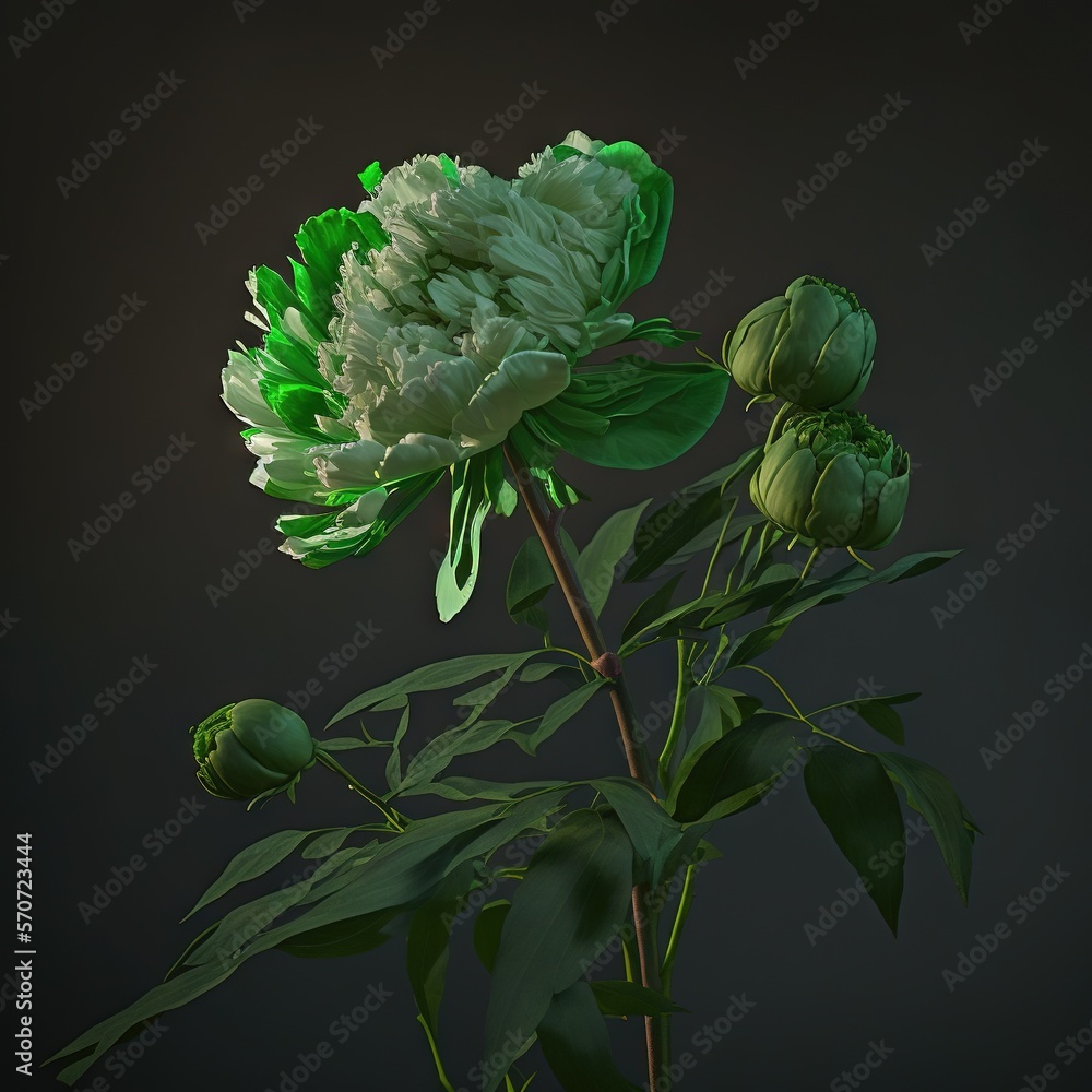  a large green flower on a stem with leaves on a black background with a black background behind it 