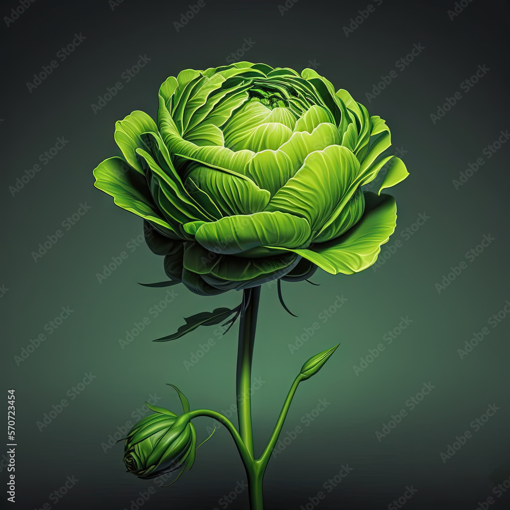  a large green flower on a black background with a green stem in the center of the flower, with a gr