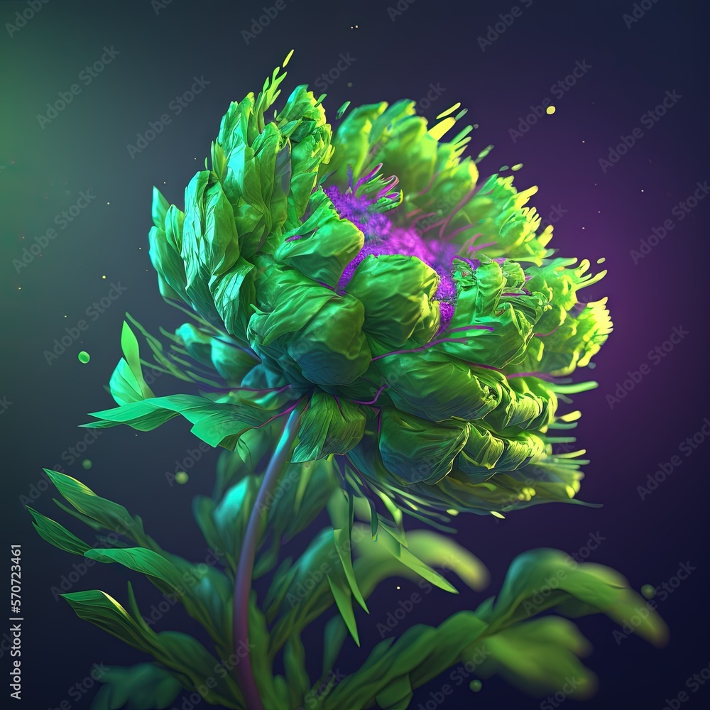  a green flower with a purple center on a purple and green background with a purple center on the ce