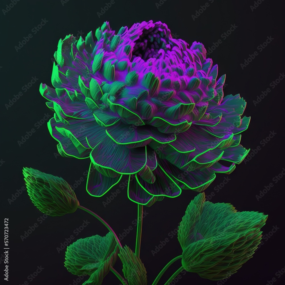  a purple flower with green leaves on a black background with a green stem and a purple center with 