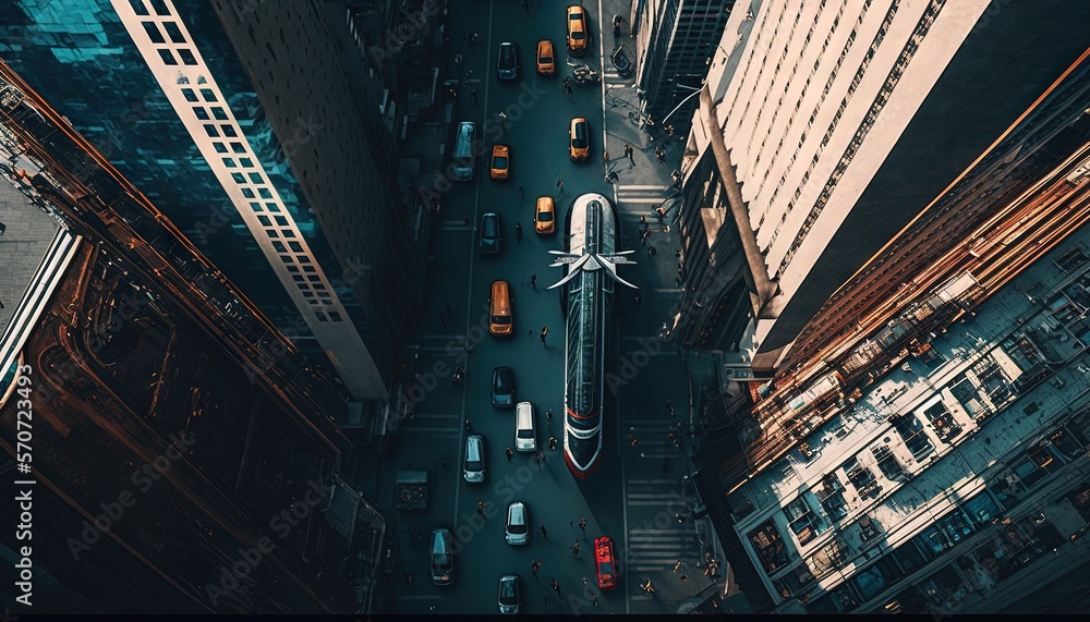  an aerial view of a city street with traffic and tall buildings in the background, with a bow on th