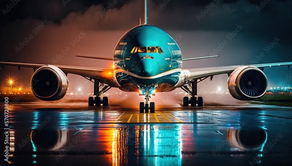  a large jetliner sitting on top of an airport tarmac at night with lights on the wing and a reflect