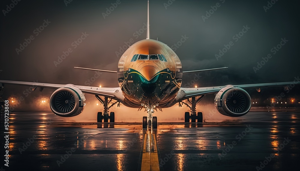  a large jetliner sitting on top of an airport tarmac at night with lights on the wings and the nose