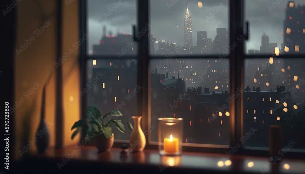  a window with a view of a city and a lit candle on a table in front of a window with a view of a ci