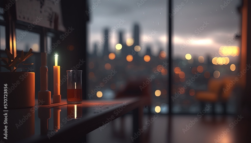  a table with candles and a view of a city at night from a window with a city skyline in the backgro