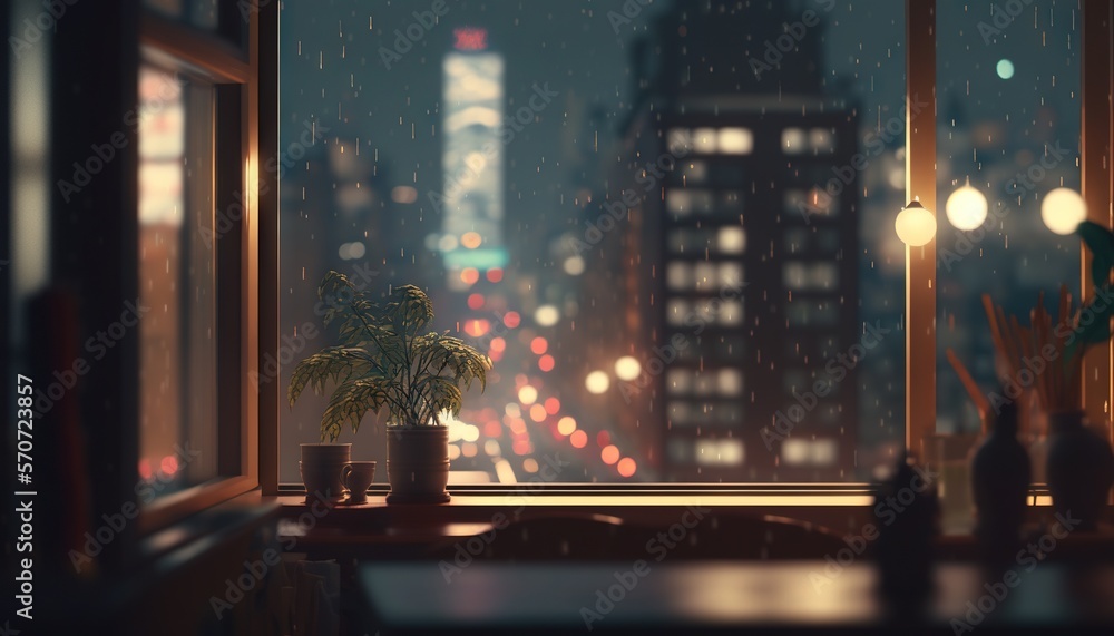  a potted plant sitting on a window sill in front of a cityscape at night with lights from a nearby 