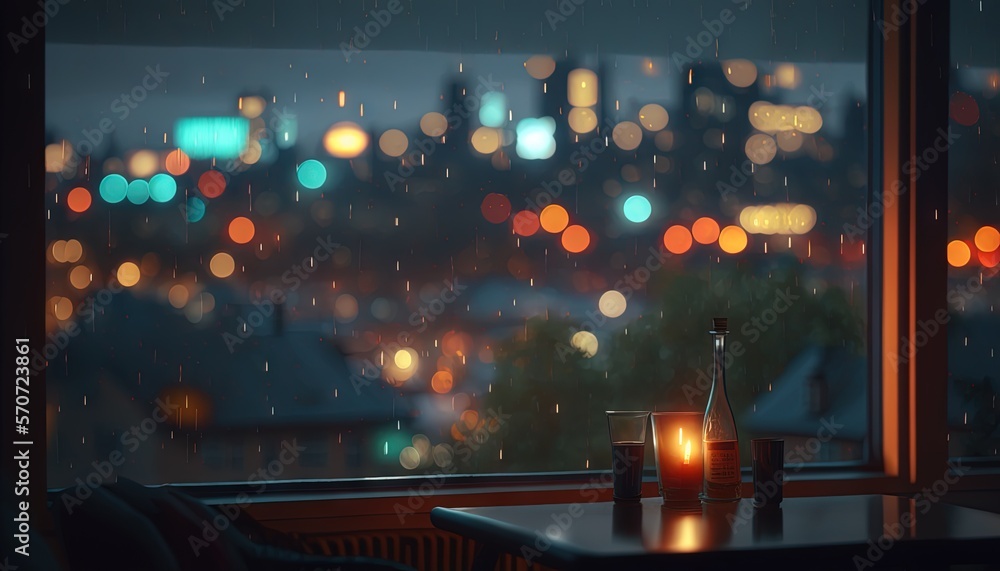  a bottle of wine and a candle on a table in front of a window overlooking a city at night with ligh