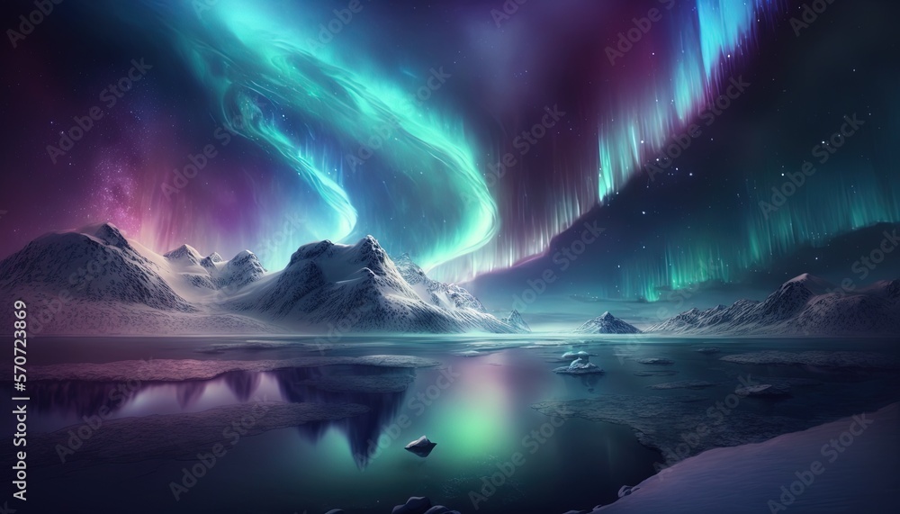  a beautiful aurora bore over a mountain range with a lake and icebergs in the foreground and the no