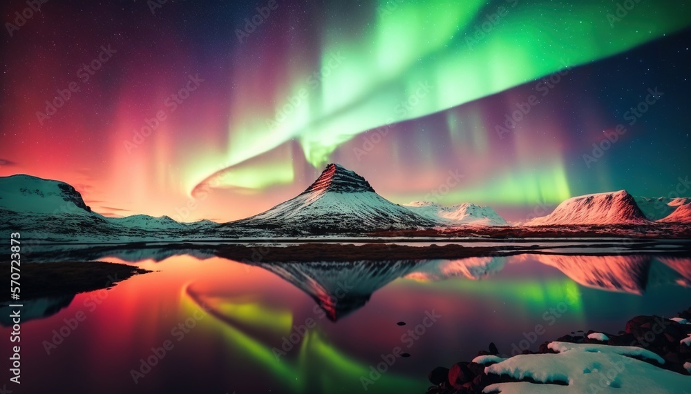  the aurora bore is reflected in the still water of a lake with mountains in the background and a br