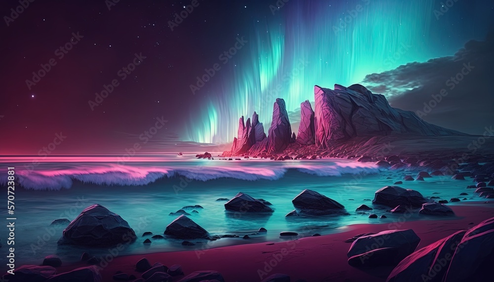  a painting of an aurora bore over a rocky beach with waves crashing on the shore and rocks in the f