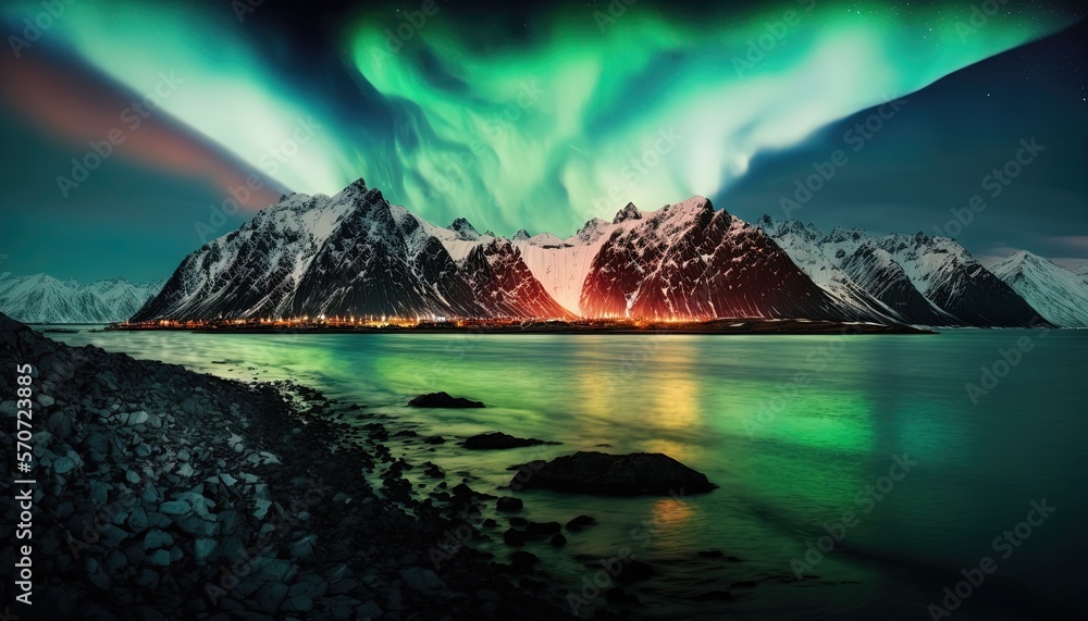  a green and red aurora bore over a mountain range and a body of water with rocks in the foreground 