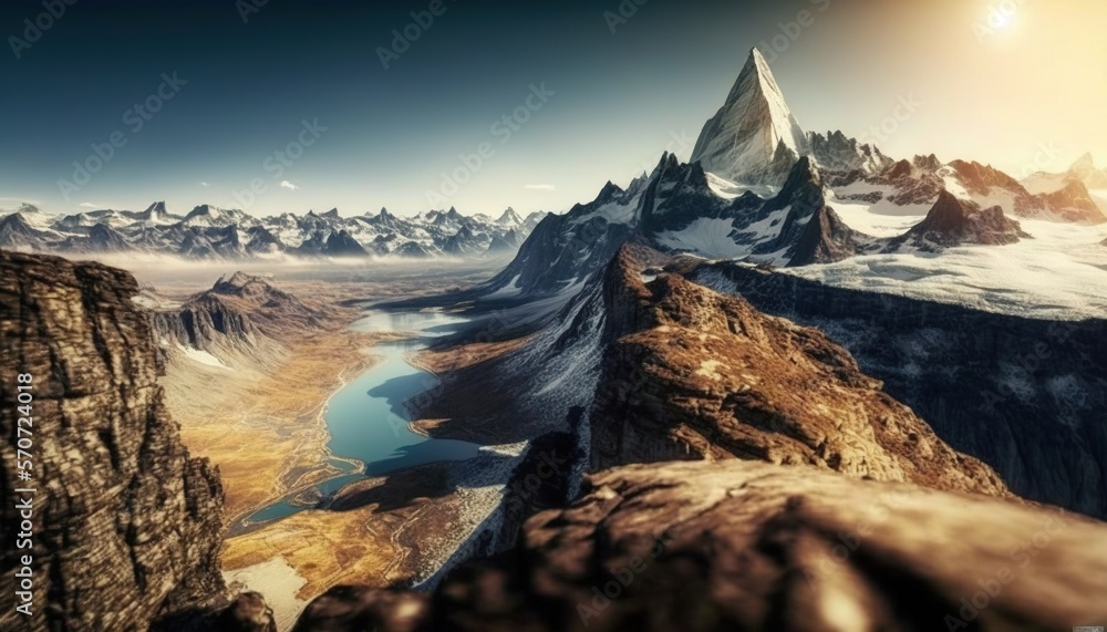  a mountain range with a lake in the foreground and a mountain range in the background with snow cap