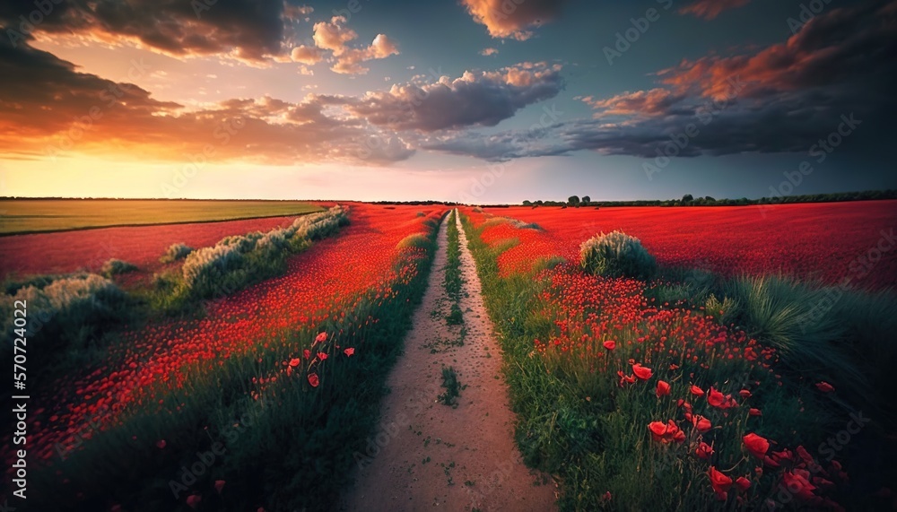  a dirt road going through a field of red flowers at sunset with clouds in the sky over the fields a