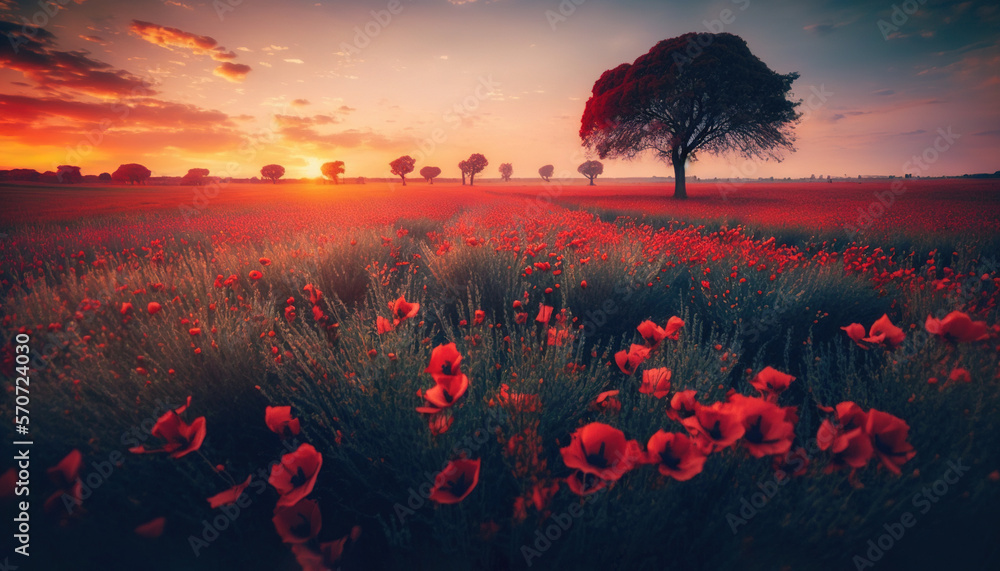  a field of flowers with a lone tree in the distance at sunset or dawn with a red sky and clouds in 