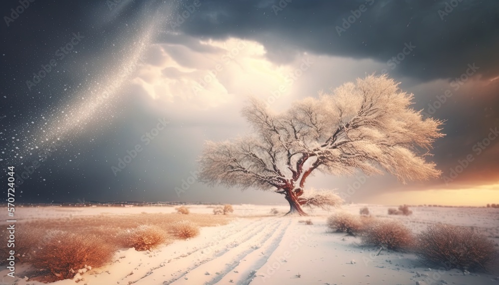  a lone tree in a snowy field under a cloudy sky with stars and a trail leading up to the tree in th