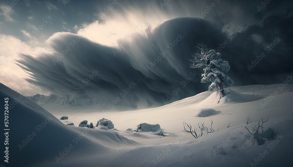  a lone tree in a snowy landscape under a stormy sky with a large cloud in the distance and a lone t