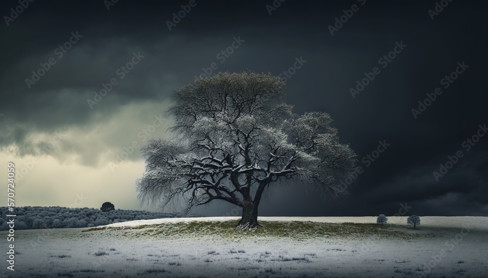  a lone tree in a snowy field under a dark sky with a dark storm coming in over the horizon and a lo