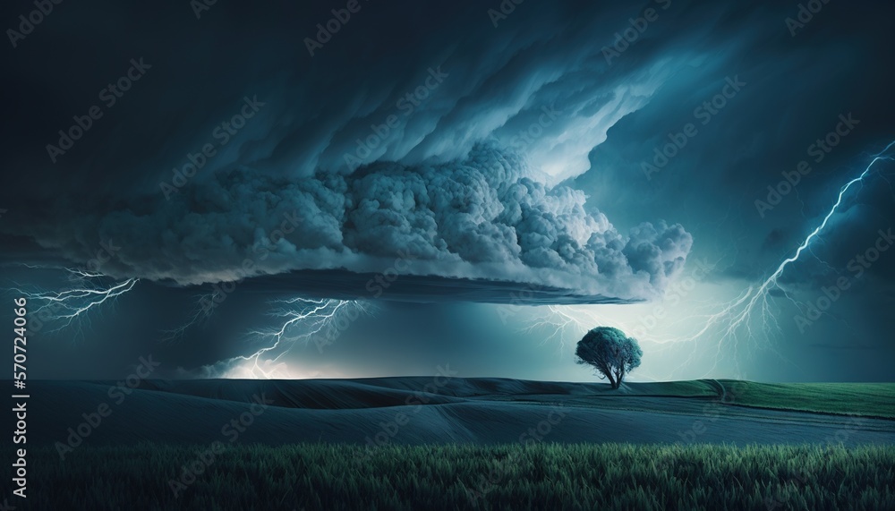  a tree in the middle of a field under a stormy sky with a lightning bolt in the distance and a tree