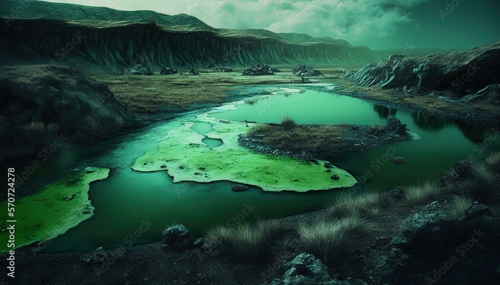  a painting of a green lake surrounded by mountains and grass in the foreground, with a dark sky in 