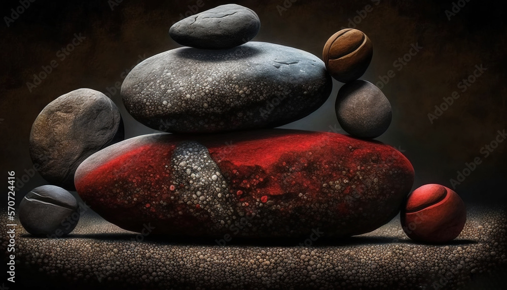  a pile of rocks sitting on top of each other on top of a floor next to a red object with a nut on t