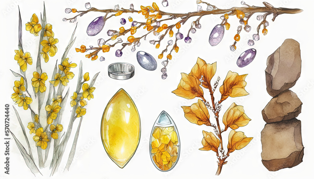  a watercolor drawing of a bunch of flowers and rocks and a branch with leaves and flowers on it and