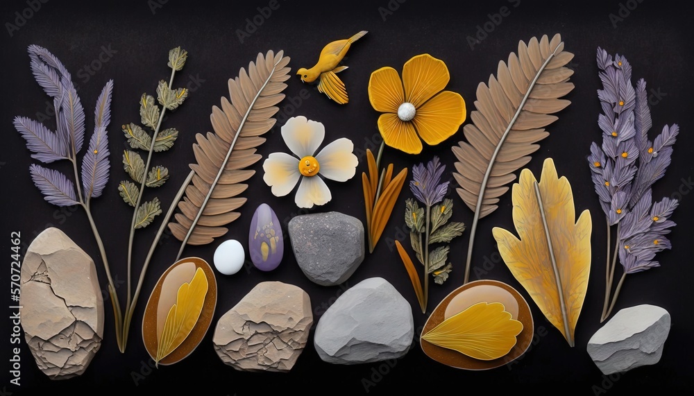  a group of flowers and rocks on a black background with a yellow butterfly on top of them and two y