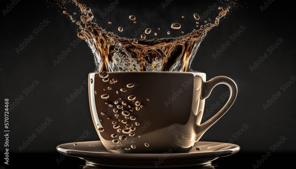  a cup of coffee with a splash of water on top of it and a plate with a saucer on the side of the cu