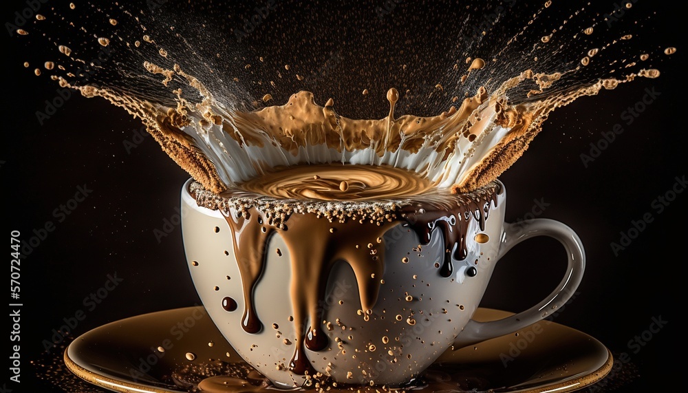  a coffee cup with chocolate sauce and splashing liquid on top of the coffee cup, on a plate, on a b