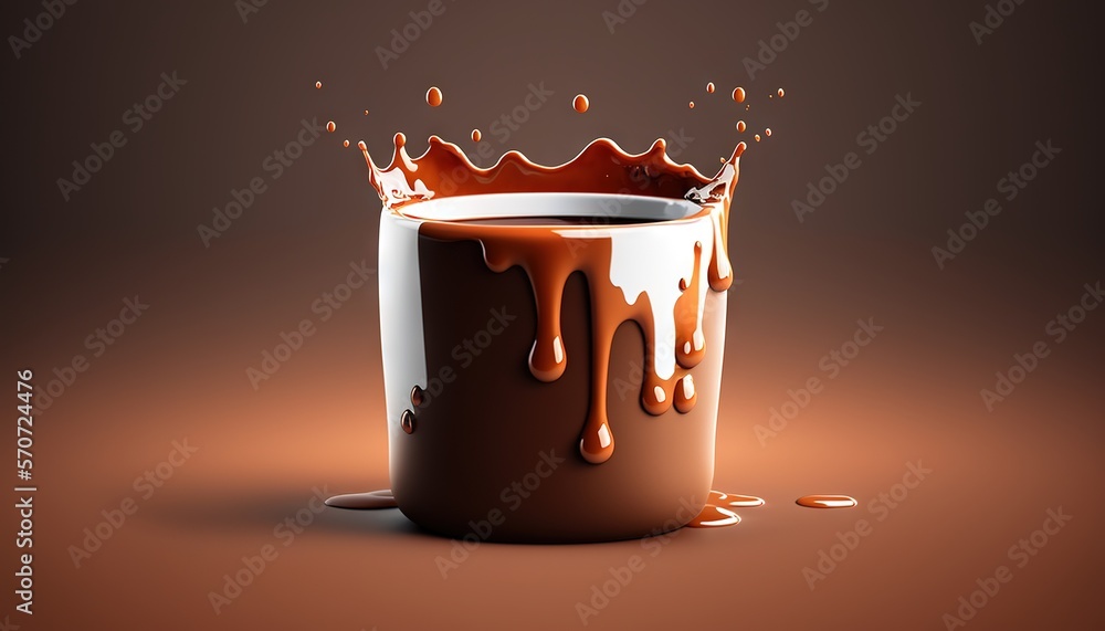  a cup of coffee with a liquid splashing out of the top of the cup, on a brown background, with a br