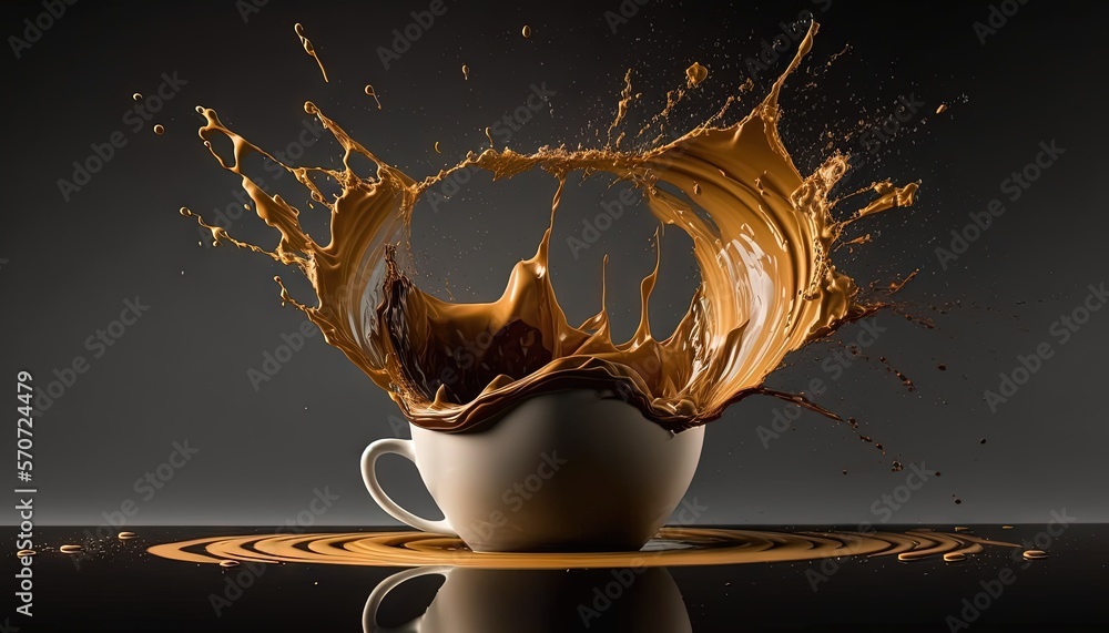  a coffee cup with chocolate splashing out of it on a reflective surface with a black background and