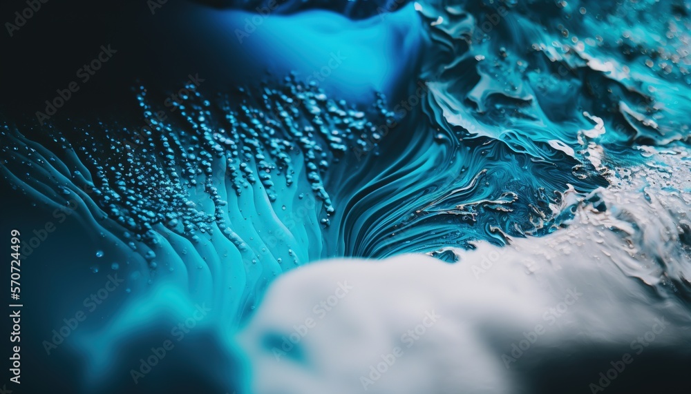  a close up of a blue and white wave with water droplets on its surface and a black background with