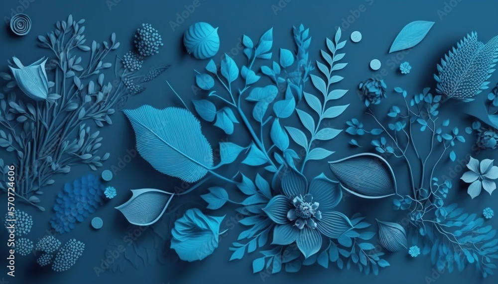  a bunch of blue flowers and leaves on a blue background with a reflection of the leaves on the surf