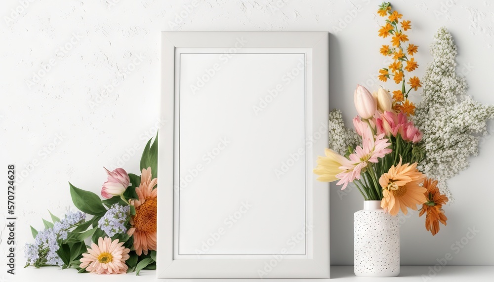  a white frame with flowers and a vase on a shelf with a white wall behind it and a white vase with 