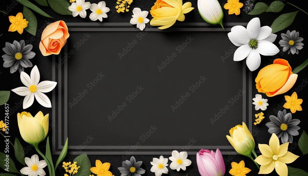  a square frame with flowers and leaves on a black background with a place for a text or a picture t