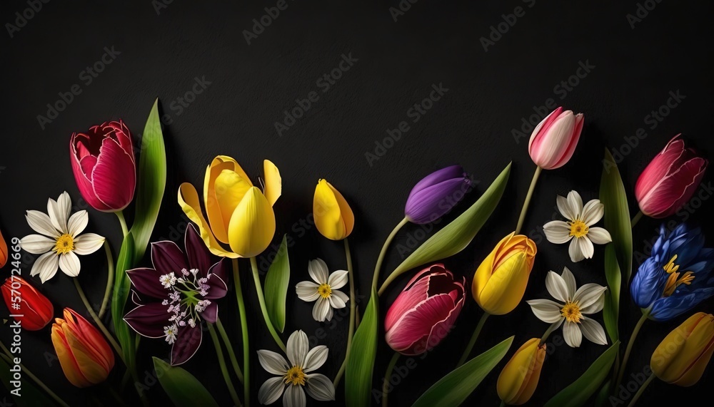  a bunch of flowers that are on a black background with a black background and a black background wi