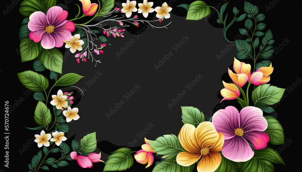  a floral frame with flowers and leaves on a black background stock photo - budget - free, high - qu