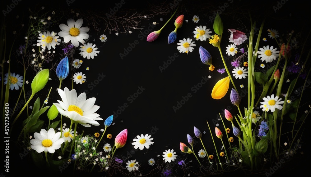  a black background with a circle of flowers and green grass and flowers in the middle of the frame,