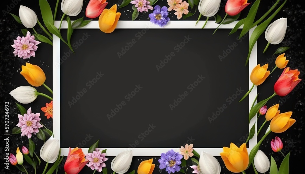  a square frame with tulips and other flowers on a black background photo - realistic illustration s