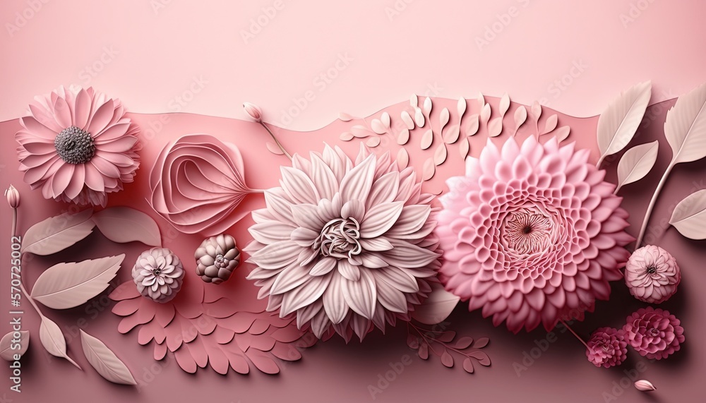  a bunch of flowers that are on a pink surface with leaves and flowers on it, and a pink background 