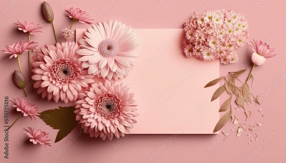  pink flowers and a pink card on a pink background with a place for a message or a greeting card wit