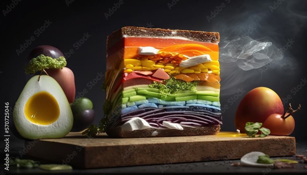  a rainbow cake with a slice cut out of it sitting on a cutting board next to an egg and some other 