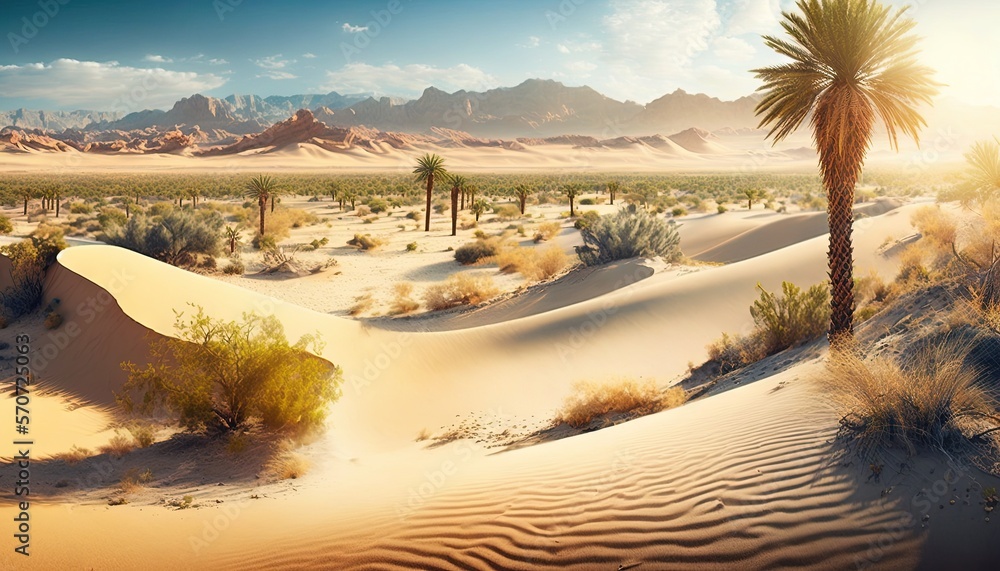  a desert with a palm tree and mountains in the background with a blue sky and clouds in the distanc