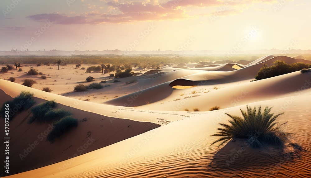  a desert landscape with sand dunes and a palm tree in the foreground and the sun setting in the dis