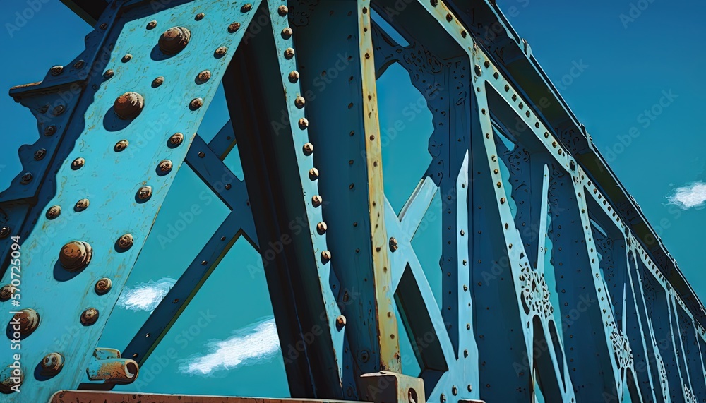  a close up of a metal structure with rivets and rivets on its sides and a blue sky with clouds in 