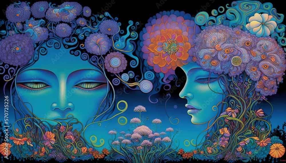  a painting of two women with flowers in their hair, one of them has her eyes closed and the other h