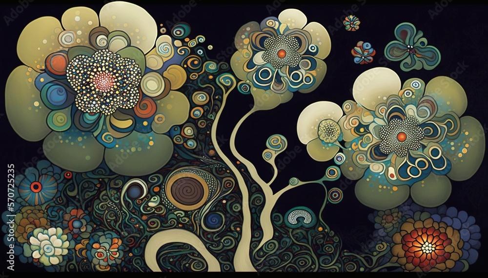  a painting of a tree with lots of circles on its branches and flowers on the branches, with a blac