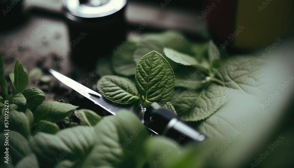  a pair of scissors sitting on top of a green leafy plant next to a bottle of wine and a bottle of w